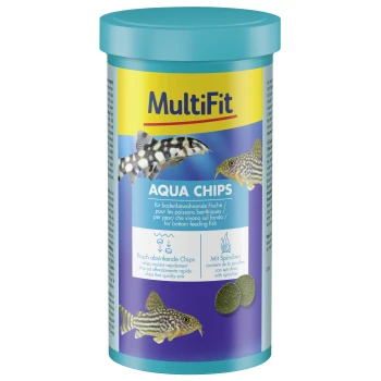Nourriture pour poissons MultiFit Aqua Chips pour poissons de fond, avec spiruline, chips qui coulent rapidement, contenant des images de poissons.