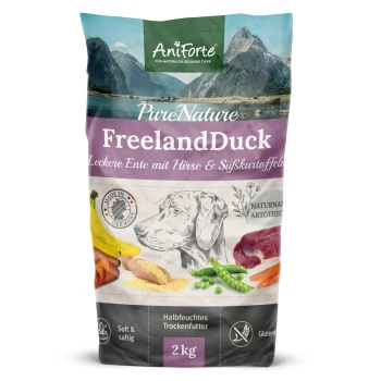 2 kg Tasche von AniForte FreelandDuck Hundefutter, mit Ente, Hirse, Süßkartoffeln und einer Hundegrafik.