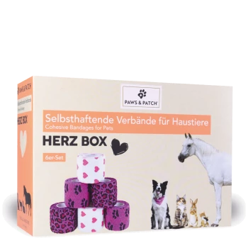 PAWS & PATCH Herz-Box — kohäsive Verbandbänder für Haustiere, rosa Herz- und Leopardenmotive, 6er-Set, Verpackung zeigt Pferd, Hund, Katze, Kaninchen