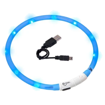 Collier LED bleu pour animaux de compagnie avec un câble de chargement USB, doté d'un interrupteur marche/arrêt pour une utilisation facile.