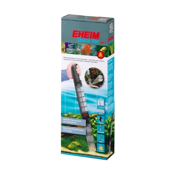 Emballage de l'aspirateur à gravier automatique EHEIM Quick Vac pro, montrant une main tenant l'appareil avec du texte sur le fonctionnement à batterie et la facilité d'utilisation.