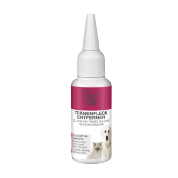 Fles 'Take Care' tranenvlekkenverwijderaar voor huisdieren, met een witte dop en een roze label met een afbeelding van een kat en hond, instructies in meerdere talen.