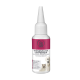 Fles 'Take Care' tranenvlekkenverwijderaar voor huisdieren, met een witte dop en een roze label met een afbeelding van een kat en hond, instructies in meerdere talen.