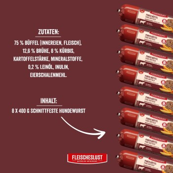 In rotem Papier verpackte Hundewurstrollen, deutscher Text ‚INHALT: 8 x 400 g SCHNITTFESTE HUNDEWURST‘ und Logo ‚FLEISCHESLUST‘.