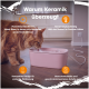 Orangefarbene Katze trinkt aus rosa keramischem Trinkbrunnen auf Holzfußboden; deutsche Überschrift 'Warum Keramik überzeugt' und Vorteilstexte.