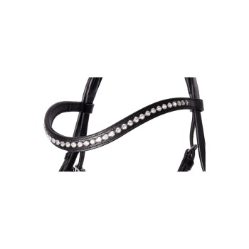 Schwarzes Leder-Haustiergeschirr, verziert mit einer Reihe von funkelnden Strasssteinen entlang des Riemens.