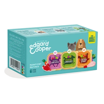 Multipack of Edgard Cooper dog food featuring three flavors: Game & Duck, Lamb & Beef, and Chicken & Turkey, labeled for adult dogs.