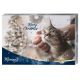 Ein festlicher Haustier-Adventskalender mit einer glücklichen grauen Katze, die gestreichelt wird, mit einer 'Frohe Weihnachten'-Botschaft und einem geschmückten Baum im Hintergrund.