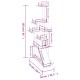 Diagramm eines mehrstöckigen Katzenbaums mit Abmessungen, die in Zentimetern und Zoll beschriftet sind, mit Plattformen, einer Rutsche und einem Versteck.