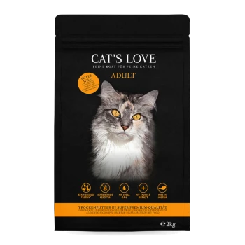 Schwarze Tüte mit "Cat's Love" Katzenfutter für Erwachsene, die eine Nahaufnahme eines Katzenkopfes zeigt, mit Text, der hohen Proteingehalt und Premium-Qualität hervorhebt.