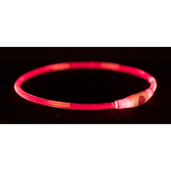 Een gloeiende rode LED-huisdierhalsband op een donkere achtergrond, met een witte knop voor activatie.