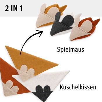 2‑in‑1 Haustierkissen, das sich in Spielmäuse verwandelt — dreieckige Stoffkissen in Senf, Rost, Creme und Schwarz. Text: „Spielmaus“, „Kuschelkissen“