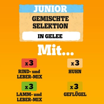 Junior Mischsortiment in Gelee mit jeweils 3 Stück Rind- und Lebermix, Lamm- und Lebermix, Huhn und Geflügel.