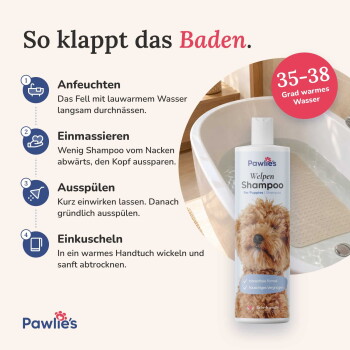 Bild, das einen Anwendungshinweis für ein Haustierpflegeprodukt zeigt, mit in Deutsch umreißenen Schritten. Der Text enthält "EINFACHE ANWENDUNG" und Anweisungen für Schritt 3.