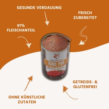 Geöffnete Dose Wildfang Rind Pur Nassfutter mit sichtbarem Fleisch; Angaben: 91% Fleisch, frei von Getreide & Gluten, keine künstlichen Zusatzstoffe.