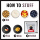 How to Stuff poster: bowls of kibble, yogurt and fruit, plus KONG toy with steps labeled MIX, FILL, SEAL, FREEZE