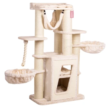 Kratzbaum Hudson beige Cremefarbener Katzenbaum mit mehreren Ebenen, Kratzpfosten und gemütlichen hängenden Hängematten. Ideal zum Spielen und Entspannen.