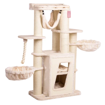Cremefarbener Katzenbaum mit mehreren Ebenen, Kratzpfosten und gemütlichen hängenden Hängematten. Ideal zum Spielen und Entspannen.