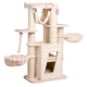 Cremefarbener Katzenbaum mit mehreren Ebenen, Kratzpfosten und gemütlichen hängenden Hängematten. Ideal zum Spielen und Entspannen.