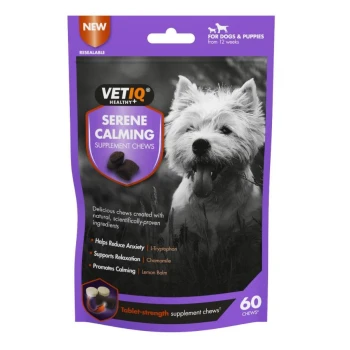 VetIQ Serene Calming Supplement Chews for dogs and puppies, 60 tablet-strength chews, helps reduce anxiety and promotes relaxation.