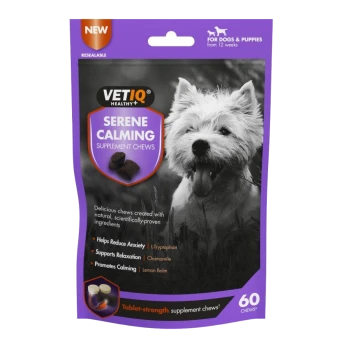 VetIQ Serene Calming Supplement Chews for dogs and puppies, 60 tablet-strength chews, helps reduce anxiety and promotes relaxation.