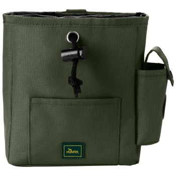 Grüner Stoff-Haustier-Leckerli-Beutel mit Kordelzugverschluss, Fronttasche und Seitentasche, mit dem Logo "HUNTER".