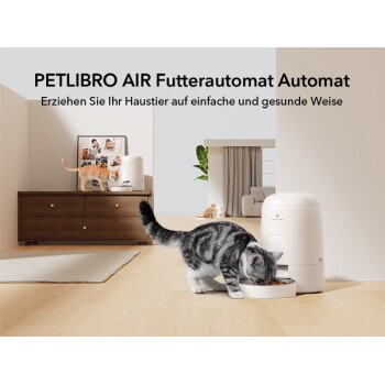 PETLIBRO AIR automatischer Futterspender für Haustiere mit Katzen, die fressen, und deutschem Text "Erziehen Sie Ihr Haustier auf einfache und gesunde Weise".