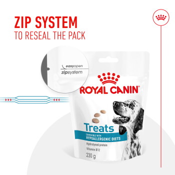 Royal Canin dog treats package with a black and white dog illustration, featuring resealable Zip System and hypoallergenic details.