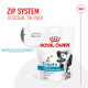 Royal Canin dog treats package with a black and white dog illustration, featuring resealable Zip System and hypoallergenic details.
