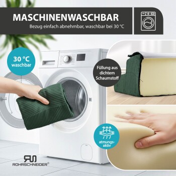 Grüner, gerippter Bezug eines Haustierbetts mit Schaumstoffeinlage, der in eine Waschmaschine gelegt wird; sichtbarer Text: MASCHINENWASCHBAR, 30°C waschbar.