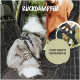 Ein flauschiger Hund in einem Geschirr sitzt auf einer gepolsterten Autositzauflage. Der Text lautet 'Rückdämpfer' und 'Federt abrupte Bremsungen ab.'