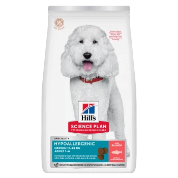 Hill's Science Plan hypoallergenes Hundefutter für mittelgroße Hunde (11-25 kg), formuliert für Erwachsene im Alter von 1-6 Jahren, mit Lachs und ohne Getreide.