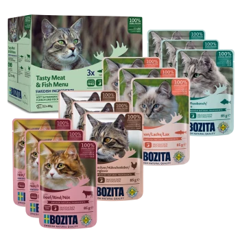 Bozita Katzenfutterbeutel in Rind-, Lachs- und Fischgeschmack, jeweils 85g, vor einer grünen "Tasty Meat & Fish Menu"-Box. Getreidefrei.