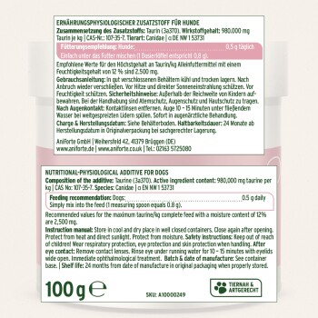 Etikett einer Nahrungsergänzungsbox: 'Ernährungsphysiologischer Zusatzstoff für Hunde', Fütterung 0,5 g täglich, 100 g.