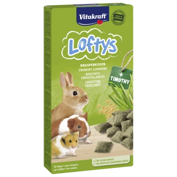 Vitakraft Loftys knusprige Kissen mit Timotheusheu für Nagetiere, ohne Zucker oder künstliche Farbstoffe, hergestellt in Deutschland.