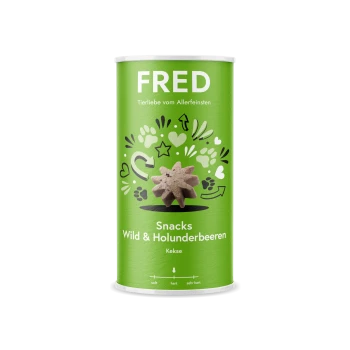Grüner zylindrischer Behälter mit der Aufschrift "FRED" und dem Text "Snacks Wild & Holunderbeeren Kekse," mit einem sternförmigen Leckerli-Design.