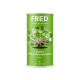 Grüner zylindrischer Behälter mit der Aufschrift "FRED" und dem Text "Snacks Wild & Holunderbeeren Kekse," mit einem sternförmigen Leckerli-Design.