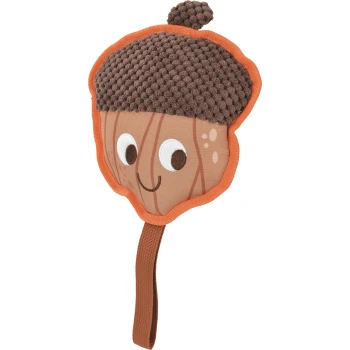 Plush acorn-shaped dog toy with textured brown cap, smiling embroidered face, orange trim and fabric handle.