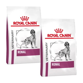 Deux sacs de nourriture pour chiens Royal Canin Veterinary Renal, présentant une illustration de chien et le texte "VETERINARY" et "RENAL" affiché en évidence.