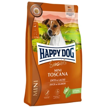 Happy Dog Sensible Mini Toscana Hundefutterbeutel, mit einer malerischen Hintergrund, beschriftet "Ente & Lachs" mit 7,5 % Fettgehalt.