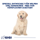Blauer Hintergrund mit 'Spezielle Zusammensetzung', Icons für 'Grätenmehl' und 'Vitamin D3', einer 1,6 cm großen Pille und dem 'GIGI'-Logo.
