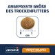 Trockenfutterstück neben einem Lineal, beschriftet "ANGEPASSTE GRÖSSE DES TROCKENFUTTERS" und "ADVANCE VETERINARY DIETS WEIGHT BALANCE."