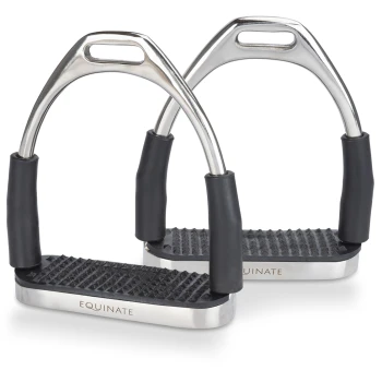 Ein Paar aus Edelstahl gefertigte Pferdereitsteigbügel mit Gummigriffen und strukturierten Fußbetten, beschriftet mit 'EQUINATE.'
