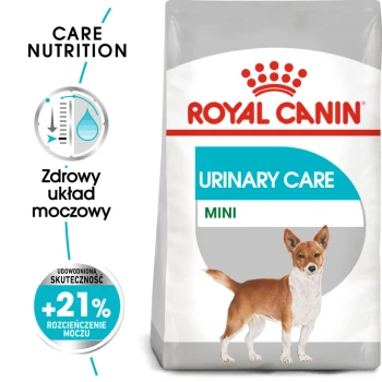 Torba z karmą dla psów Royal Canin Urinary Care Mini z ilustracją małego psa, z tekstem podkreślającym korzyści zdrowotne dla układu moczowego i +21% skuteczności.