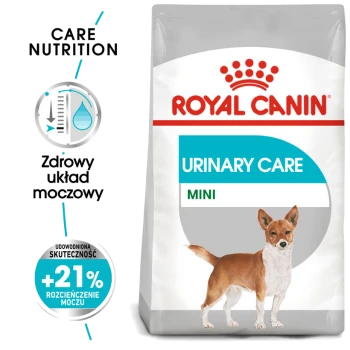 Torba z karmą dla psów Royal Canin Urinary Care Mini z ilustracją małego psa, z tekstem podkreślającym korzyści zdrowotne dla układu moczowego i +21% skuteczności.