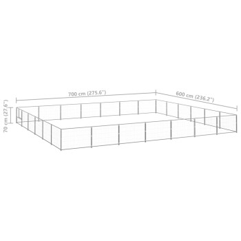 Diagramm eines rechteckigen Haustiergeheges mit den Maßen 700 cm x 600 cm und 70 cm Höhe, mit beschrifteten Abmessungen.