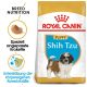 Royal Canin Puppy Shih Tzu Hundefutterbeutel mit einer Illustration eines kleinen Shih Tzu-Welpen, mit Text, der die Ernährungsbedürfnisse der Rasse und die Unterstützung des Immunsystems hervorhebt.