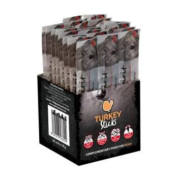 Schachtel mit Turkey Sticks Hundeleckerlis, einzelne Packungen mit Hunde-Gesicht; Aufschrift: 'TURKEY Sticks' 'ERGÄNZUNGSFUTTER FÜR HUNDE'