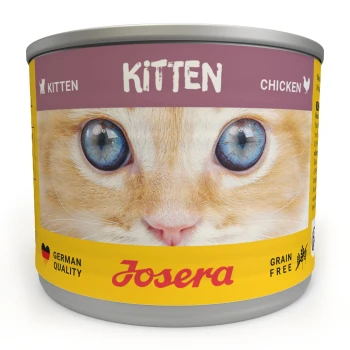 Nassfutter Katze, Kitten, Huhn 6x200 g Eine Dose Haustierfutter mit einem gelben Etikett, das ein prominentes Markenlogo und Nährwertinformationen an der Seite zeigt.