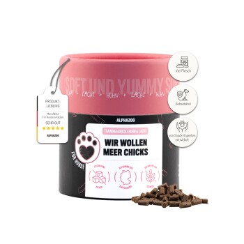 Trainingssnack für Hunde mit Huhn und Lachs, beschriftet mit "Wir wollen Meer Chicks," mit einem rosa Deckel und kleinen Leckerli-Stücken verstreut.